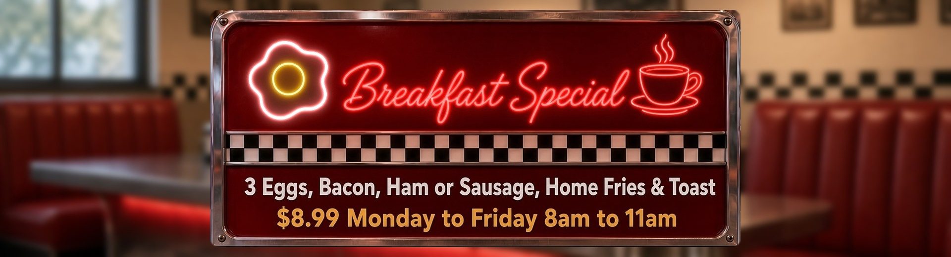 Breakfast Special, $8.99, Monday to Friday 8am to 11am
